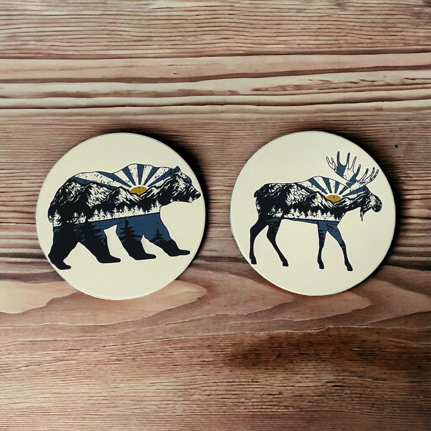 Bear and Moose Sunrise Pattern Sandstone Coaster Set