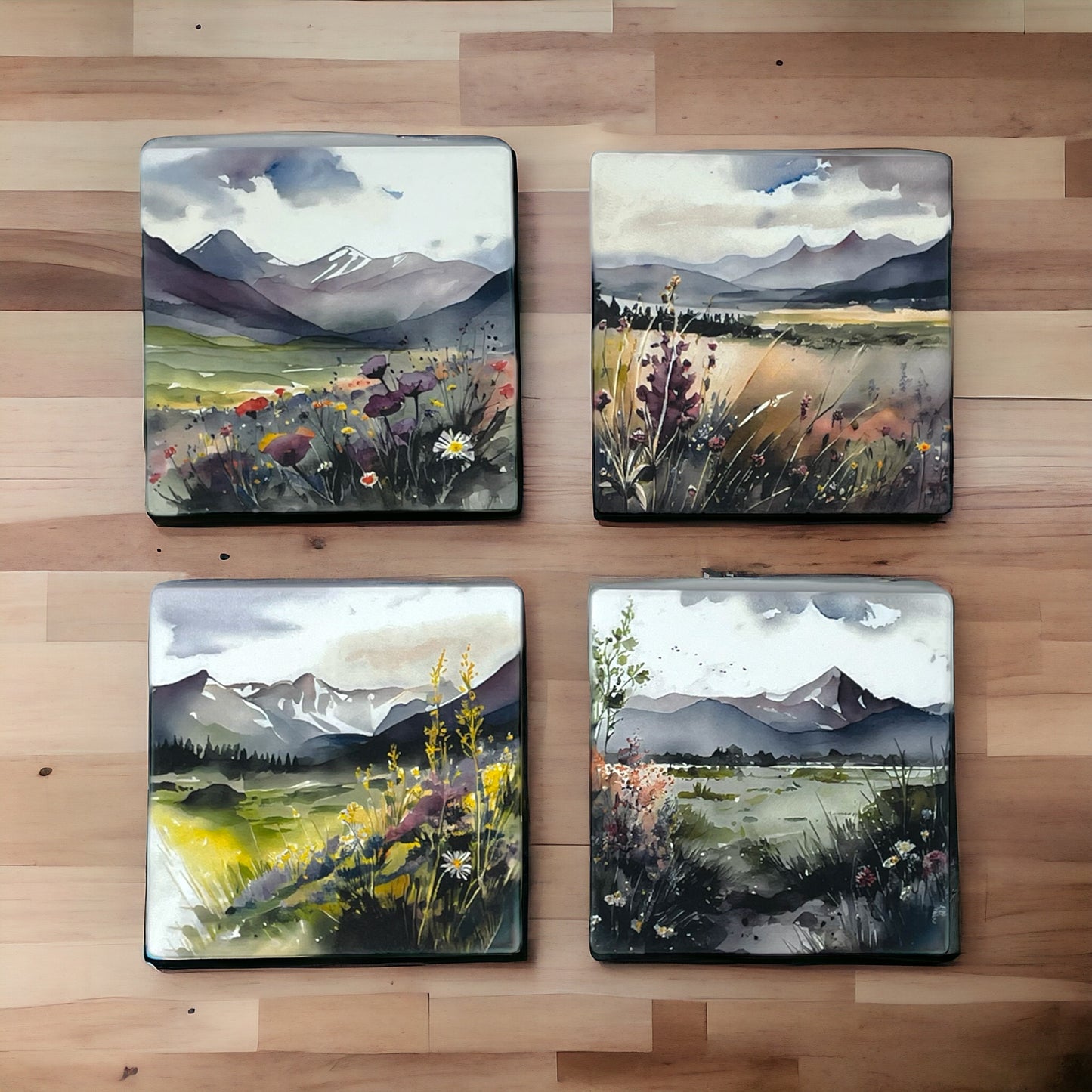 Mountain Wildflowers Sandstone Coaster Set with Bronze Holder