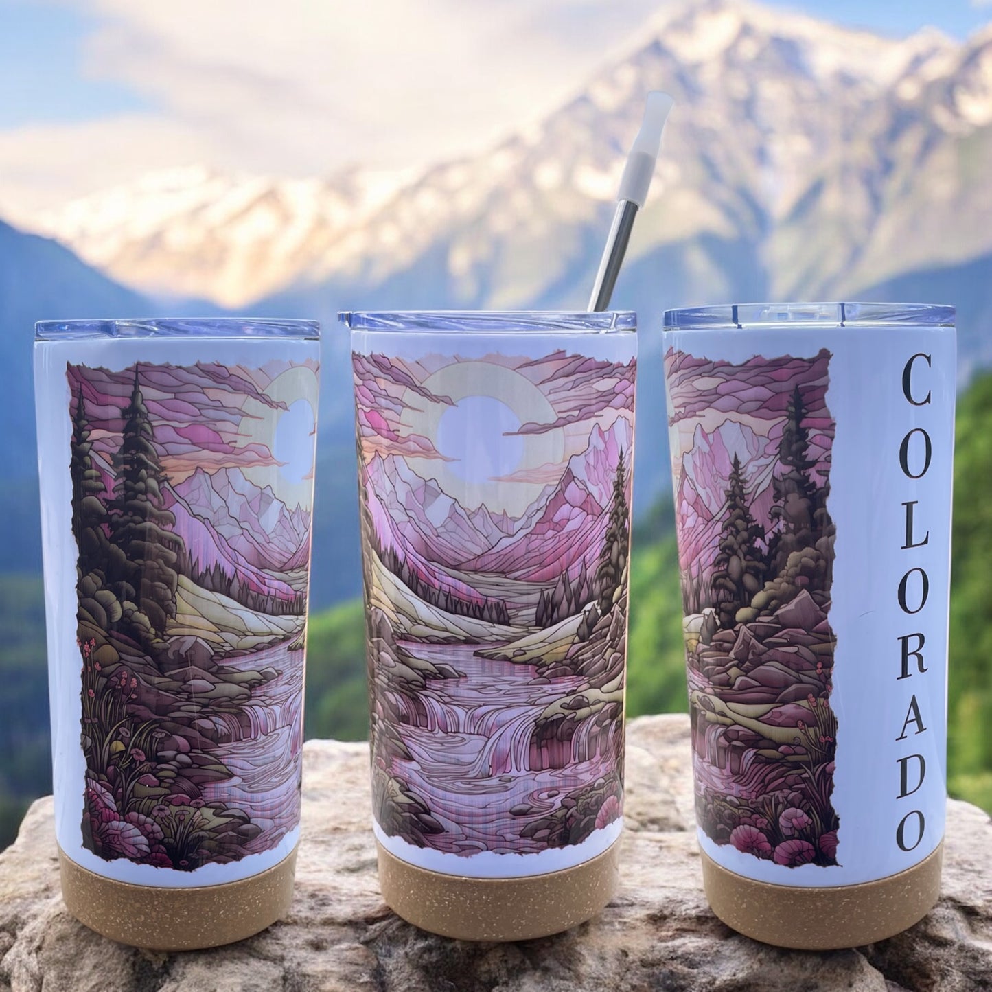 Sunset Serenity 17 oz Stainless Steel Tumbler with Metal Straw and Silicone Topper