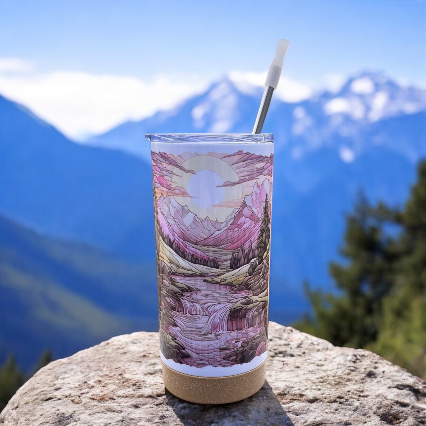 Sunset Serenity 17 oz Stainless Steel Tumbler with Metal Straw and Silicone Topper