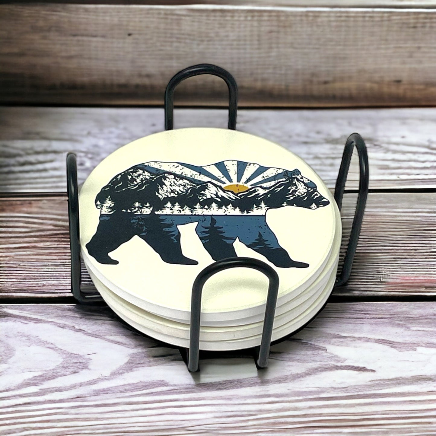 Bear and Moose Sunrise Pattern Sandstone Coaster Set
