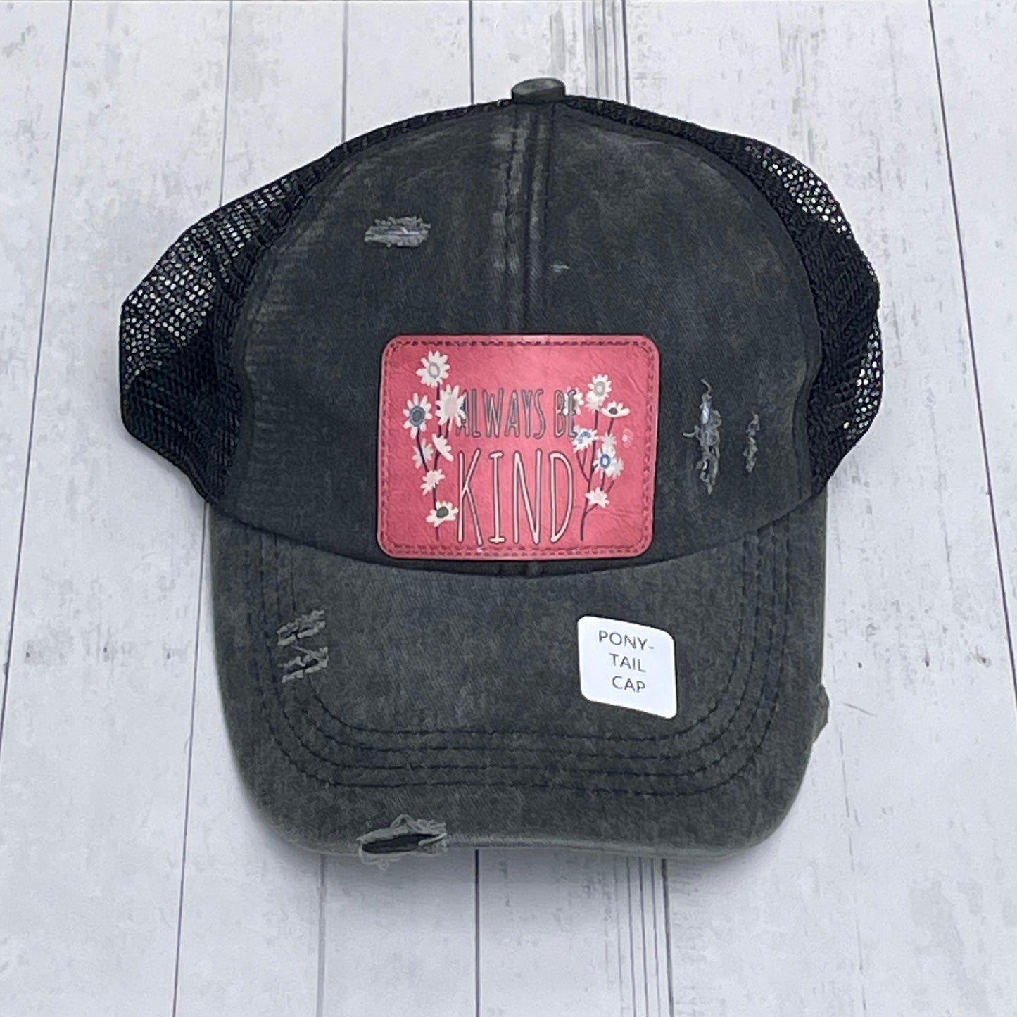 Gray and Black Ponytail Distressed Mesh Trucker Cap Always Be Kind Vegan Leather Patch