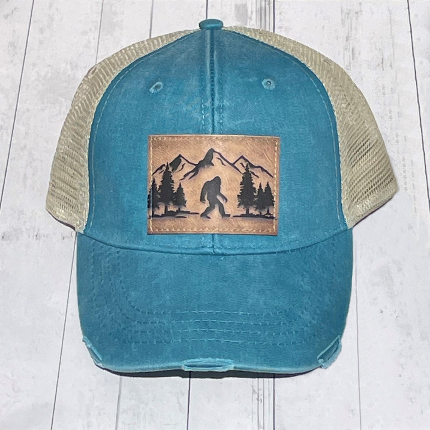 Teal and Tan Distressed Mesh Trucker Cap Bigfoot Vegan Leather Patch