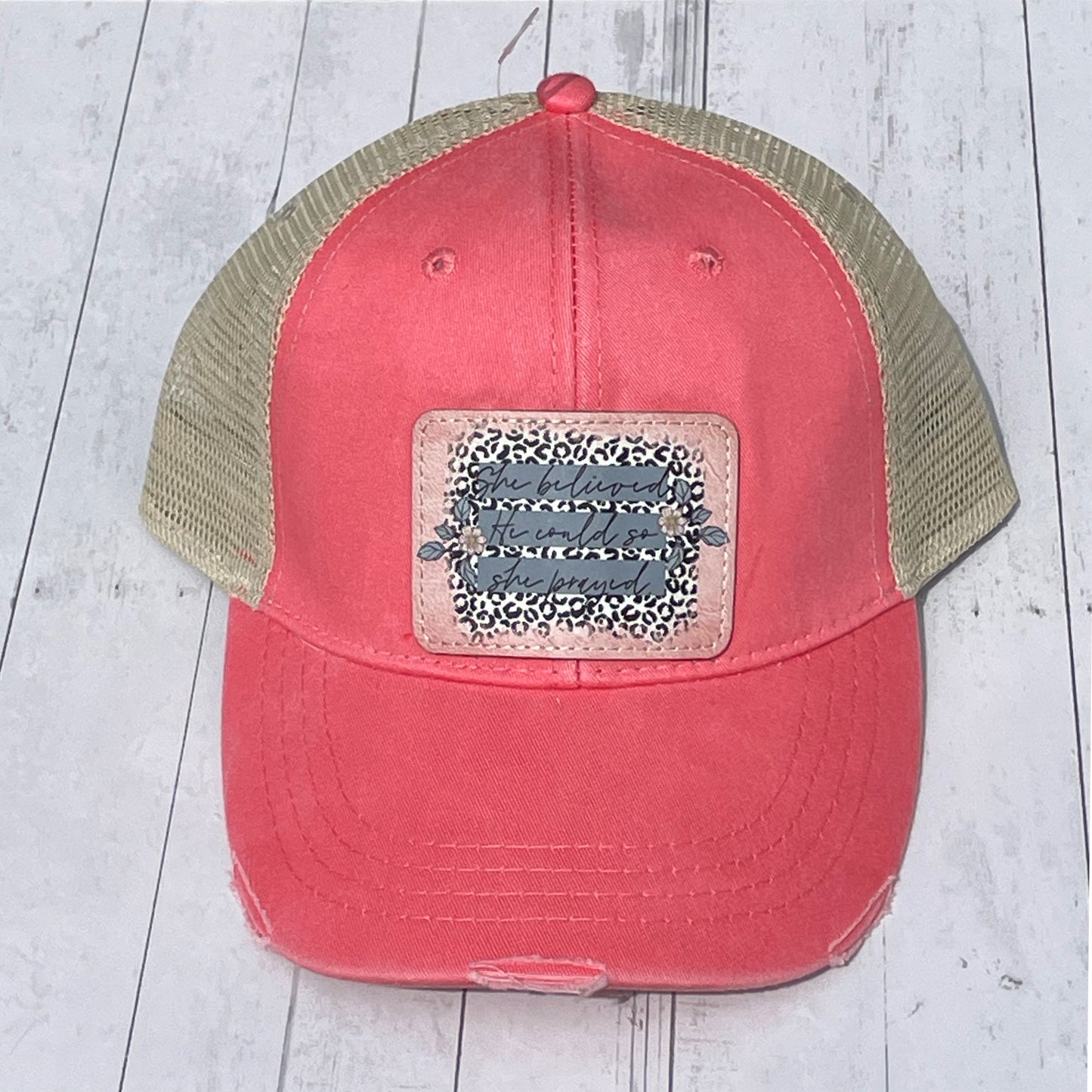 Coral and Tan Mesh Trucker Cap She Believed He Could Leopard Print Vegan Leather Patch