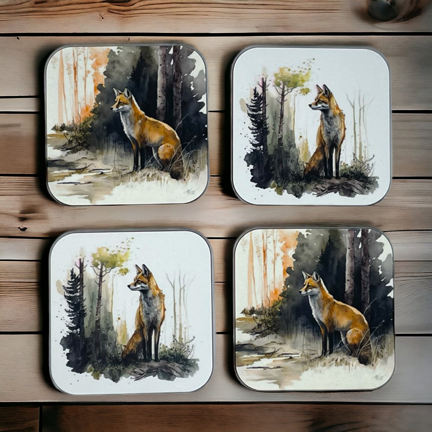 Fox Hardboard Coaster Set with Black Coaster Holder