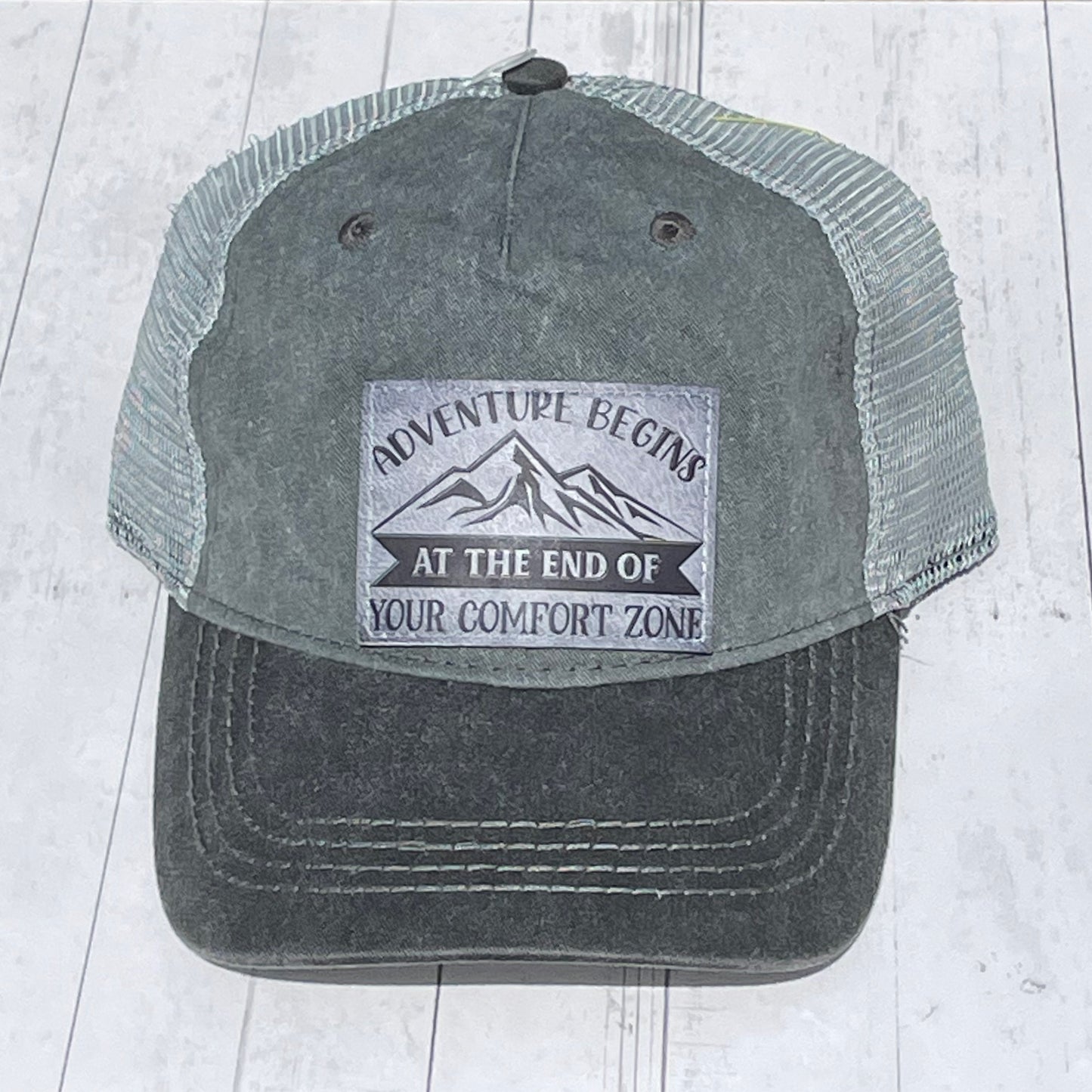 Gray and Black Mesh Trucker Cap with Adventure Begins at the End of Your Comfort Zone Vegan Leather Patch