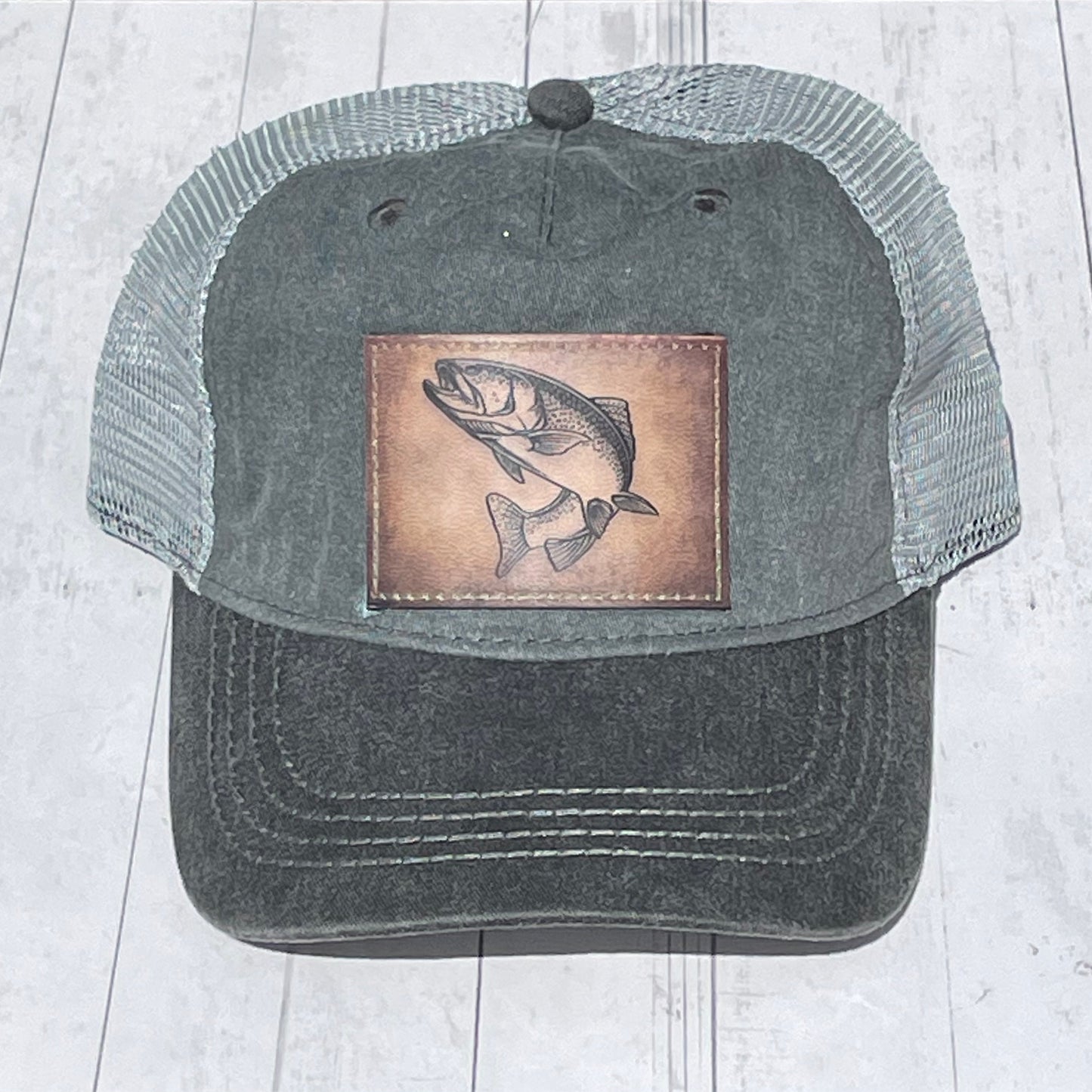 Gray Mesh Trucker Cap Jumping Trout Brown Vegan Leather Patch