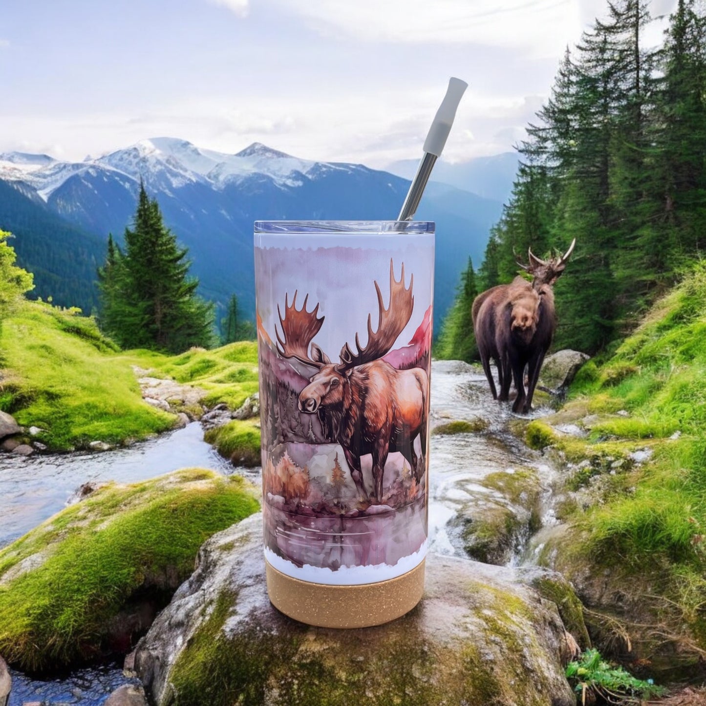 Watercolor Moose 17 oz Stainless Steel Tumbler with Metal Straw and Silicone Topper