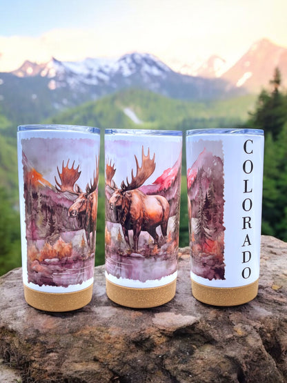 Watercolor Moose 17 oz Stainless Steel Tumbler with Metal Straw and Silicone Topper