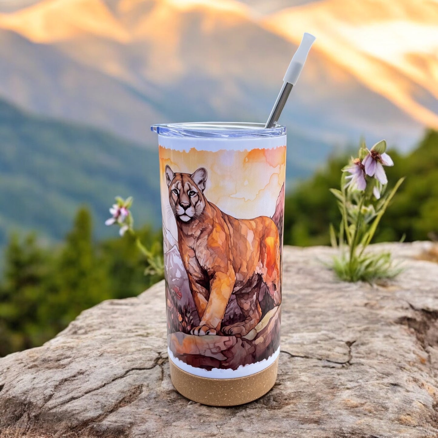 Watercolor Mountain Lion 17 oz Stainless Steel Tumbler with Metal Straw and Silicone Topper