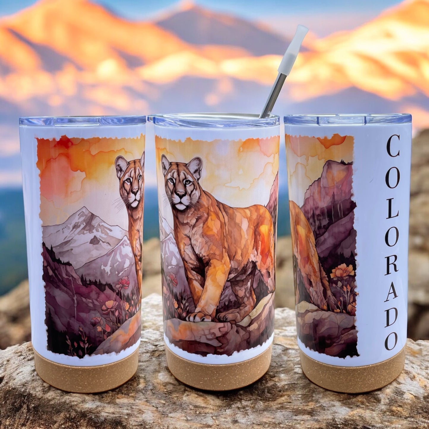 Watercolor Mountain Lion 17 oz Stainless Steel Tumbler with Metal Straw and Silicone Topper