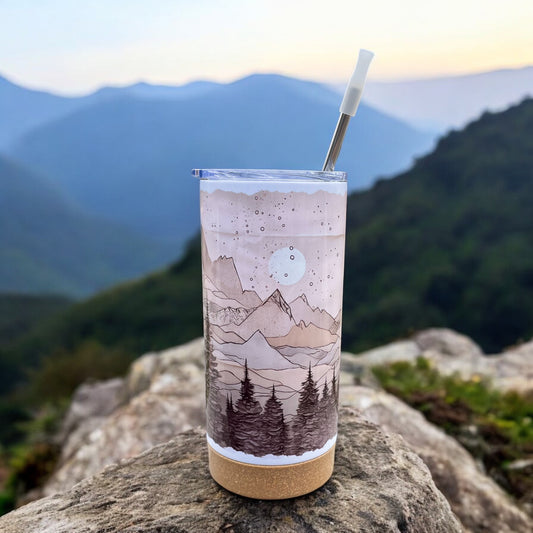 Watercolor Vintage Mountainscape 17 oz Stainless Steel Tumbler with Metal Straw and Silicone Topper