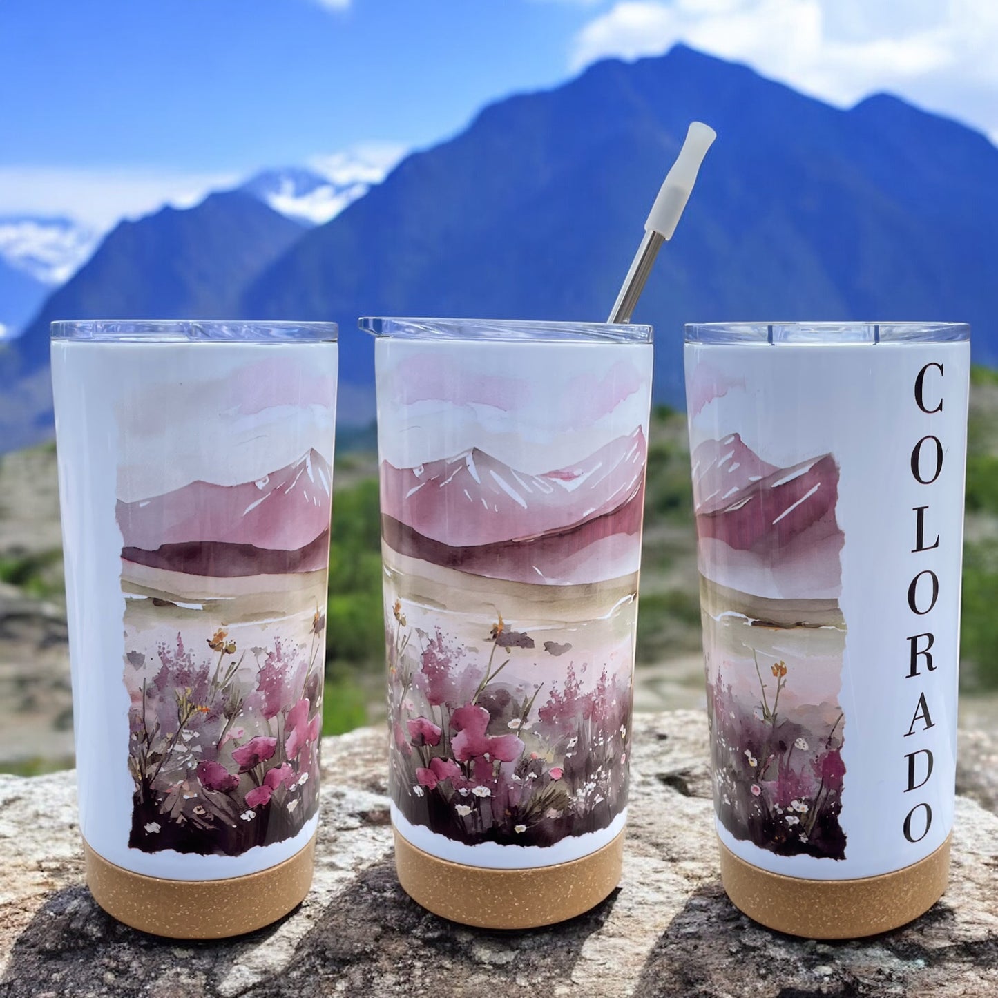 Watercolor Mountain Wildflowers 17 oz Stainless Steel Tumbler with Metal Straw and Silicone Topper