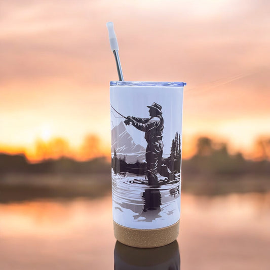 Vintage Fly Fisherman 17 oz Stainless Steel Tumbler with Metal Straw and Silicone Topper