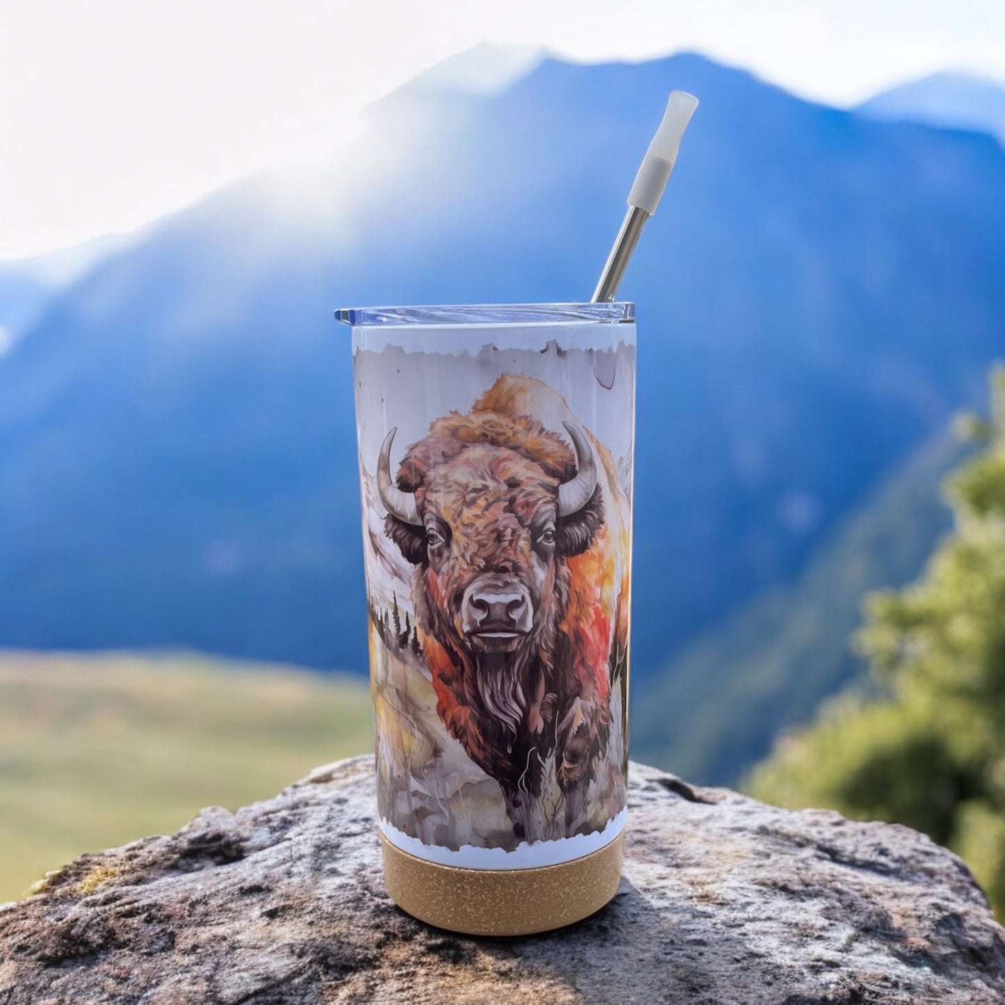 Watercolor Bison 17 oz Stainless Steel Tumbler with Metal Straw and Silicone Topper