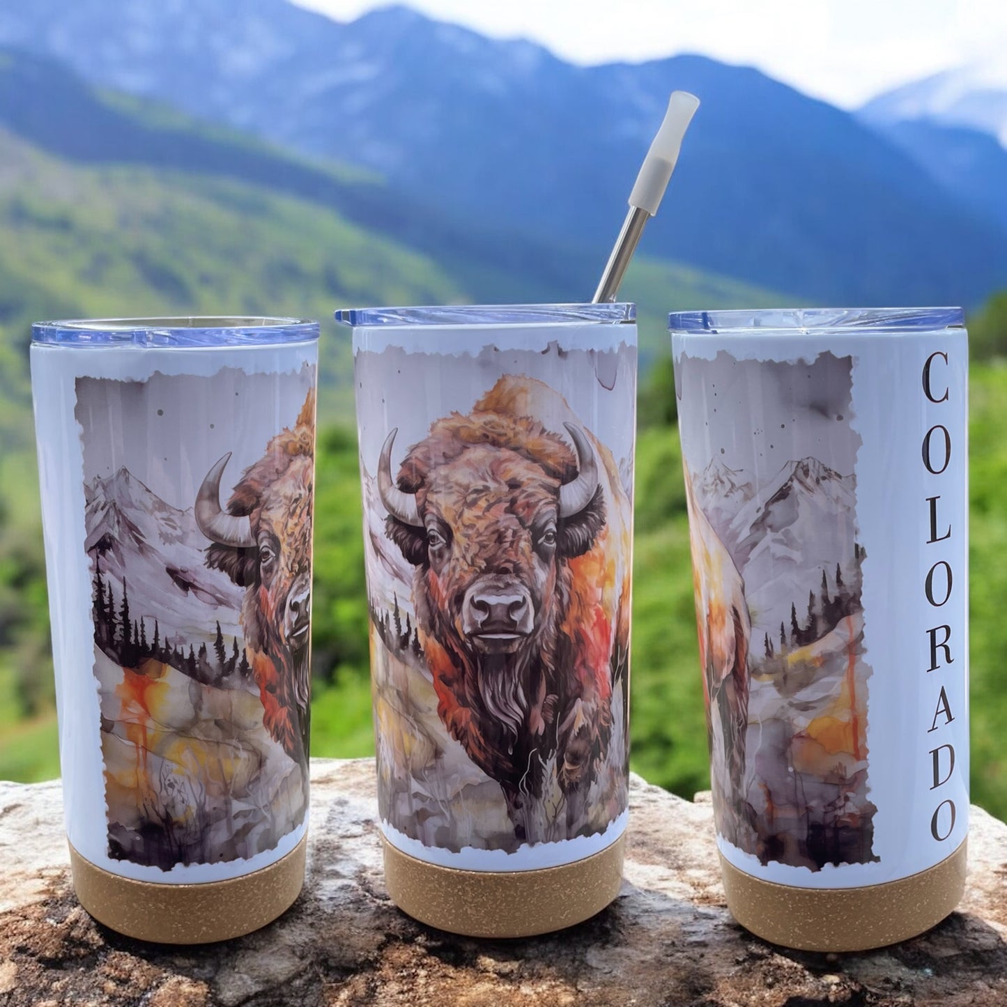 Watercolor Bison 17 oz Stainless Steel Tumbler with Metal Straw and Silicone Topper