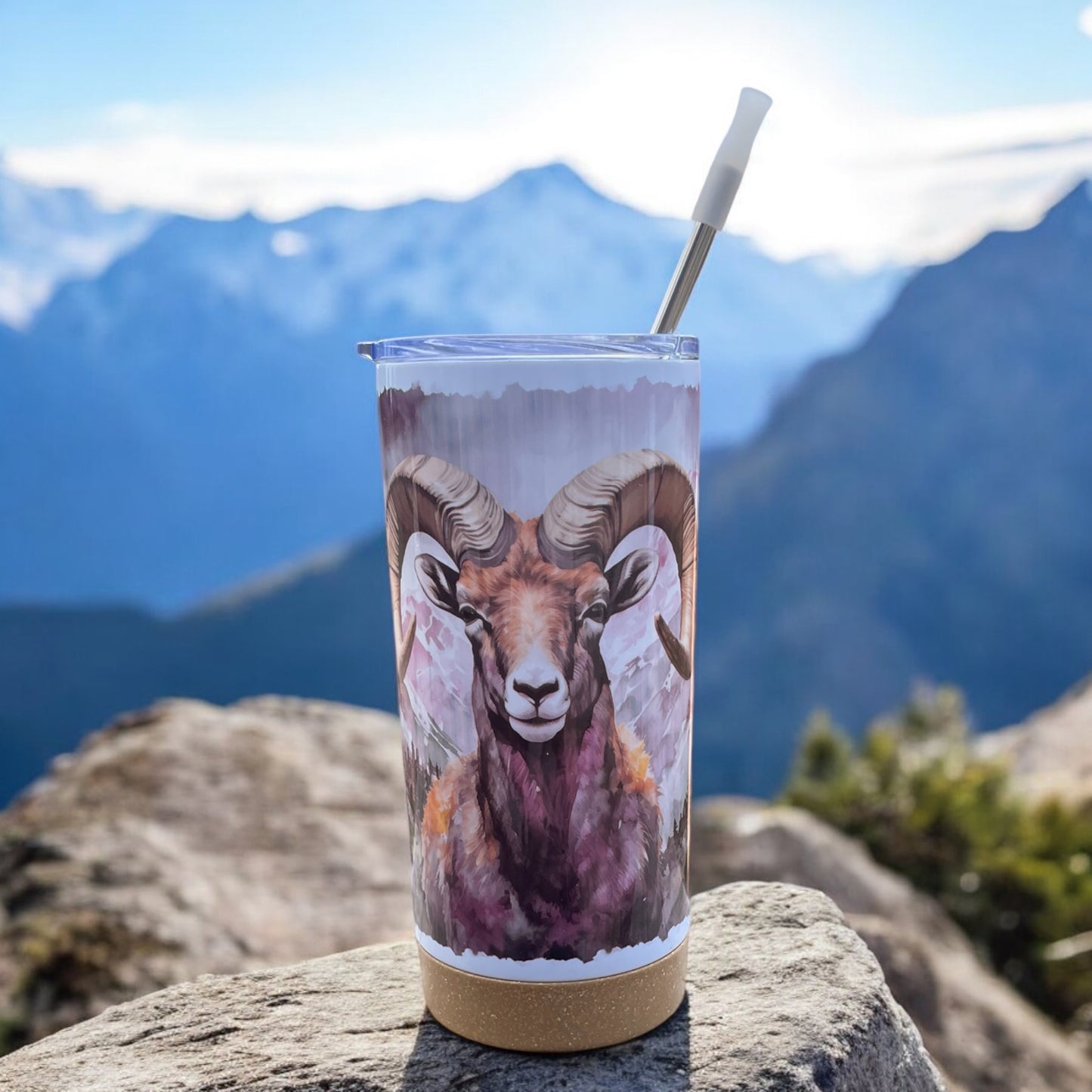 Watercolor Bighorn Sheep 17 oz Stainless Steel Tumbler with Metal Straw and Silicone Topper