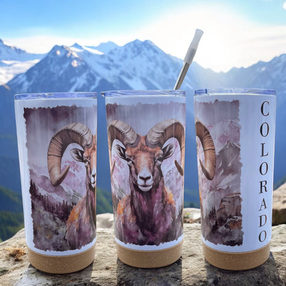 Watercolor Bighorn Sheep 17 oz Stainless Steel Tumbler with Metal Straw and Silicone Topper