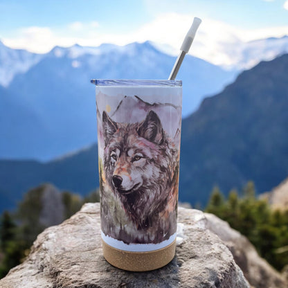 Watercolor Wolf 17 oz Stainless Steel Tumbler with Metal Straw and Silicone Topper