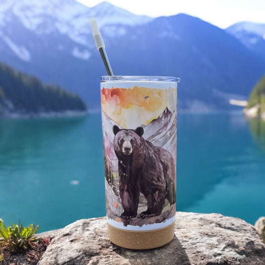 Watercolor Bear 17 oz Stainless Steel Tumbler with Metal Straw and Silicone Topper