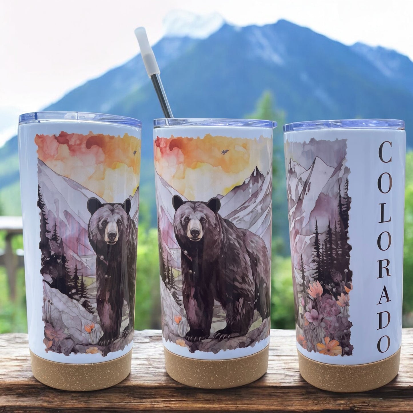 Watercolor Bear 17 oz Stainless Steel Tumbler with Metal Straw and Silicone Topper