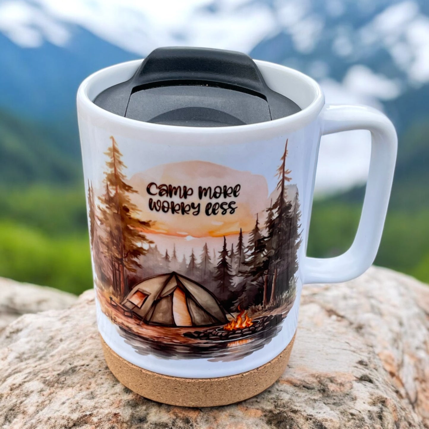 Camp More Worry Less 14 OZ Sublimated Mug with Removeable Cork Bottom and Splash Proof Lid