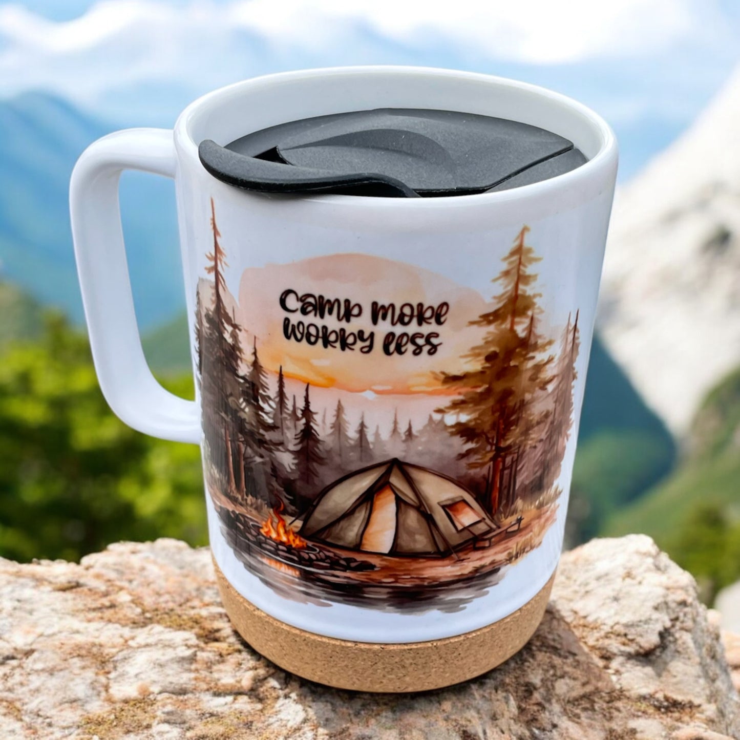 Camp More Worry Less 14 OZ Sublimated Mug with Removeable Cork Bottom and Splash Proof Lid