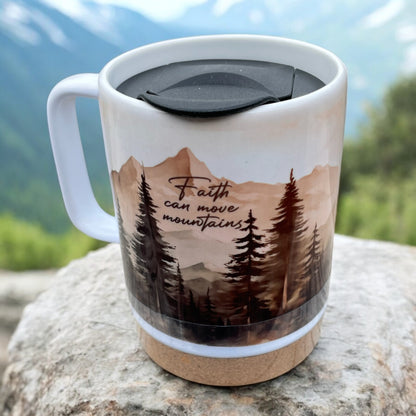 Faith Can Move Mountains 14 OZ Sublimated Mug with Removeable Cork Bottom and Splash Proof Lid