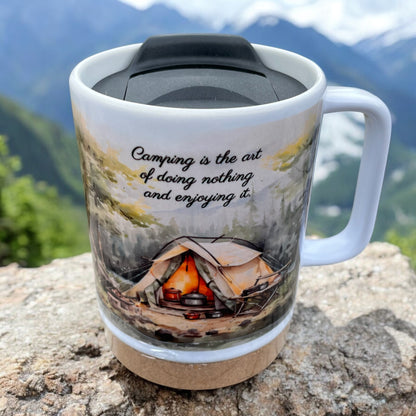 The Art of Camping 14 OZ Sublimated Mug with Removeable Cork Bottom and Splash Proof Lid