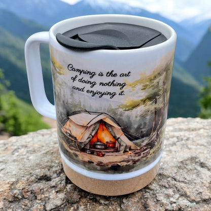 The Art of Camping 14 OZ Sublimated Mug with Removeable Cork Bottom and Splash Proof Lid