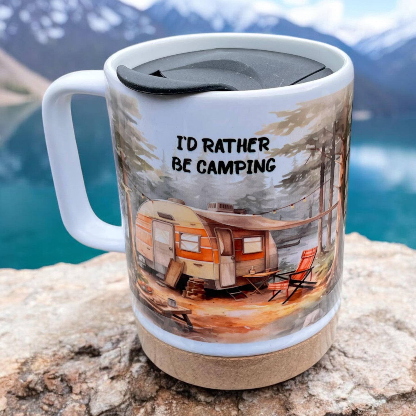 I'd Rather be Camping 14 OZ Sublimated Mug with Removeable Cork Bottom and Splash Proof Lid