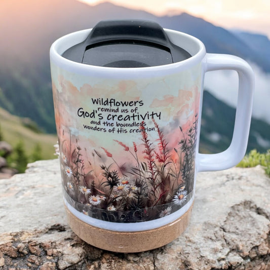 God's Creativity Wildflowers 14 OZ Sublimated Mug with Removeable Cork Bottom and Splash Proof Lid