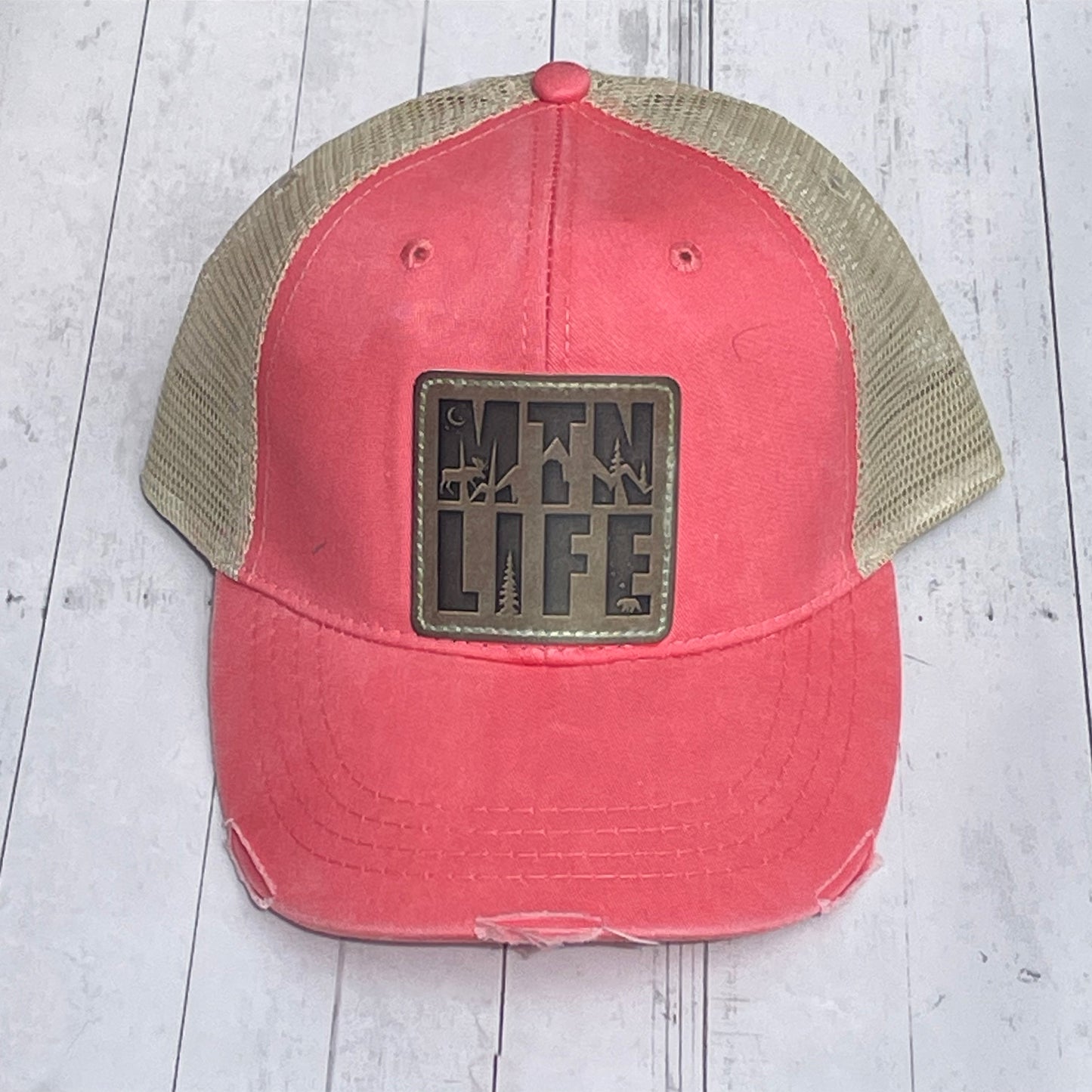 Coral and Tan Mesh Trucker Cap Mtn Life Vegan Leather Patch