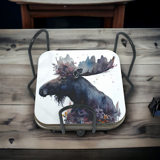 Watercolor Moose Hardboard Coaster Set with Black Holder