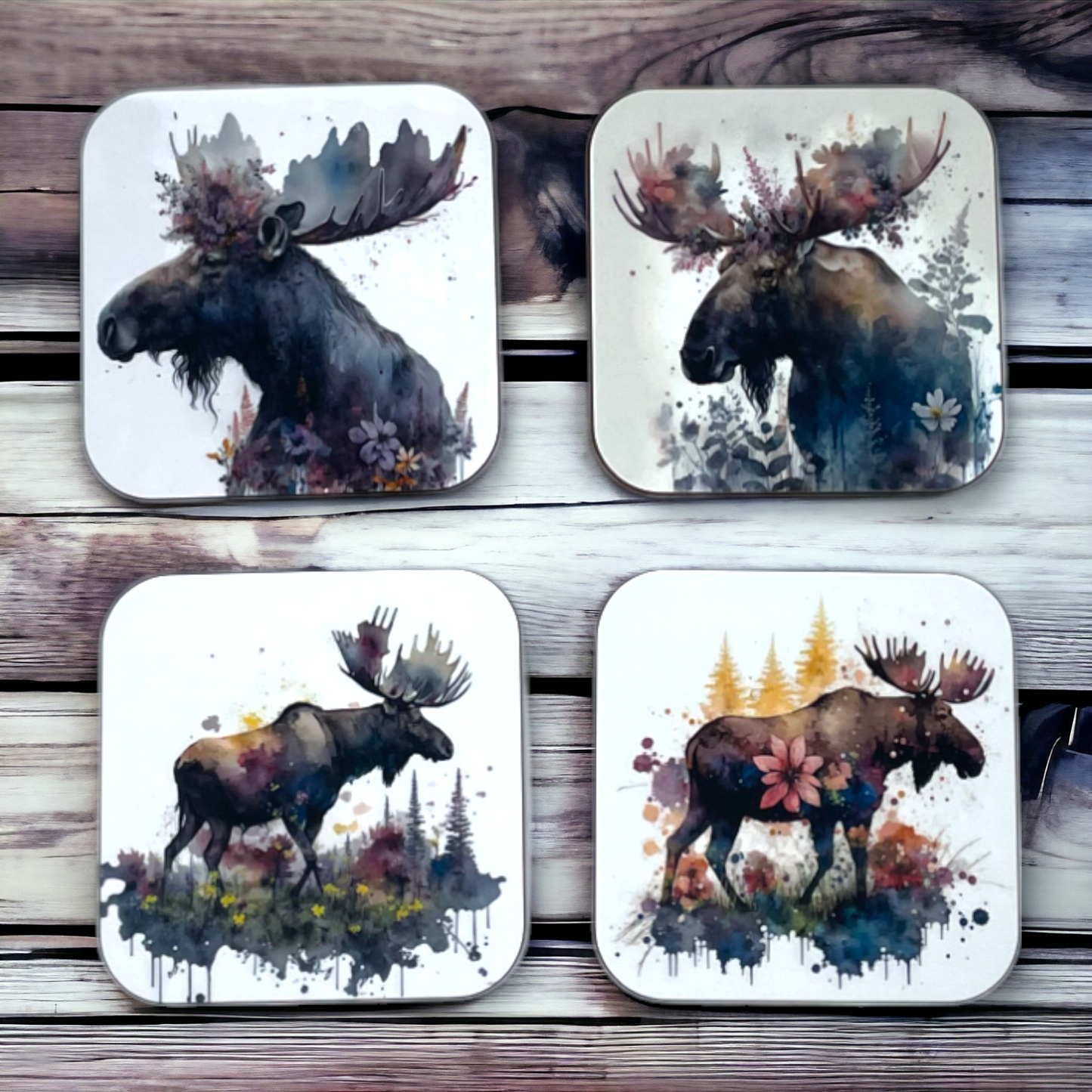 Watercolor Moose Hardboard Coaster Set with Black Holder