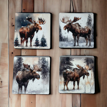 Moose in Winter Sandstone Coaster Set with Bronze Holder