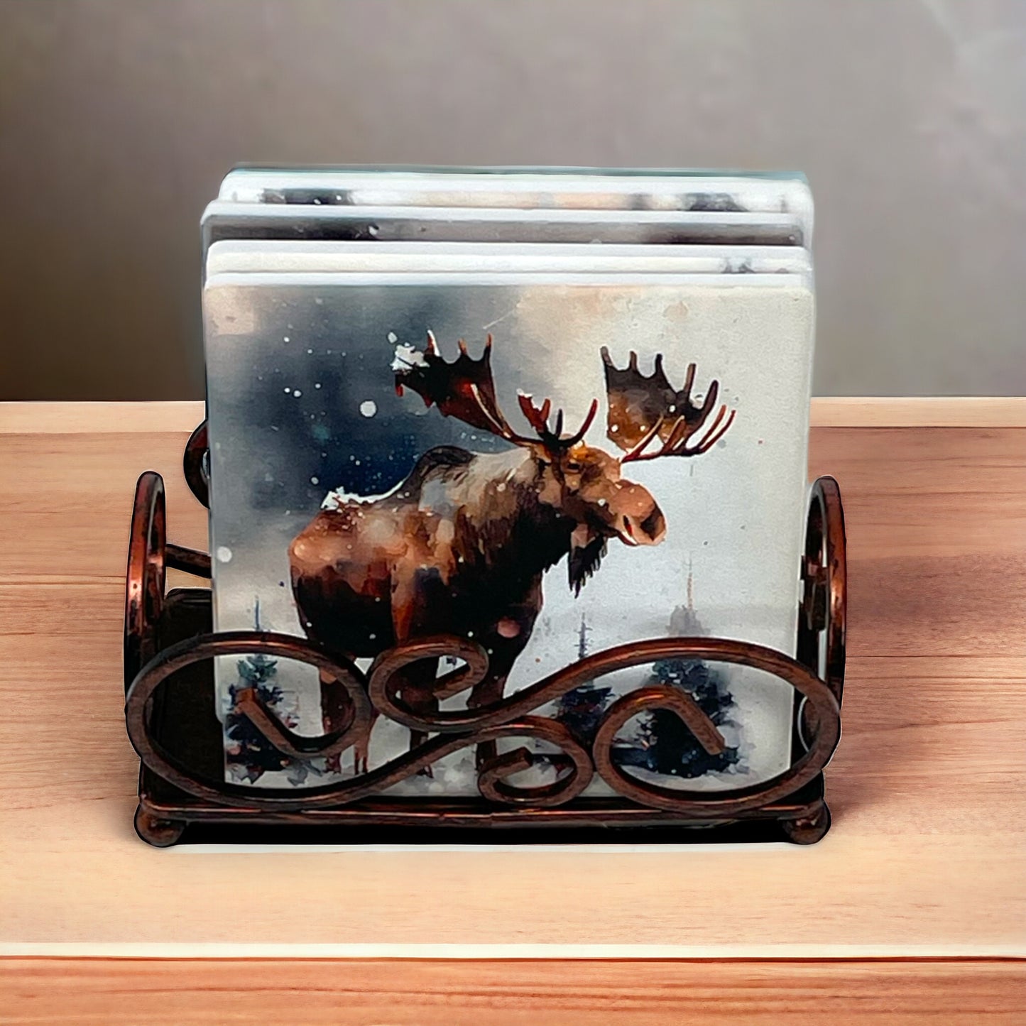 Moose in Winter Sandstone Coaster Set with Bronze Holder