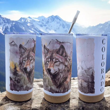 Watercolor Wolf 17 oz Stainless Steel Tumbler with Metal Straw and Silicone Topper