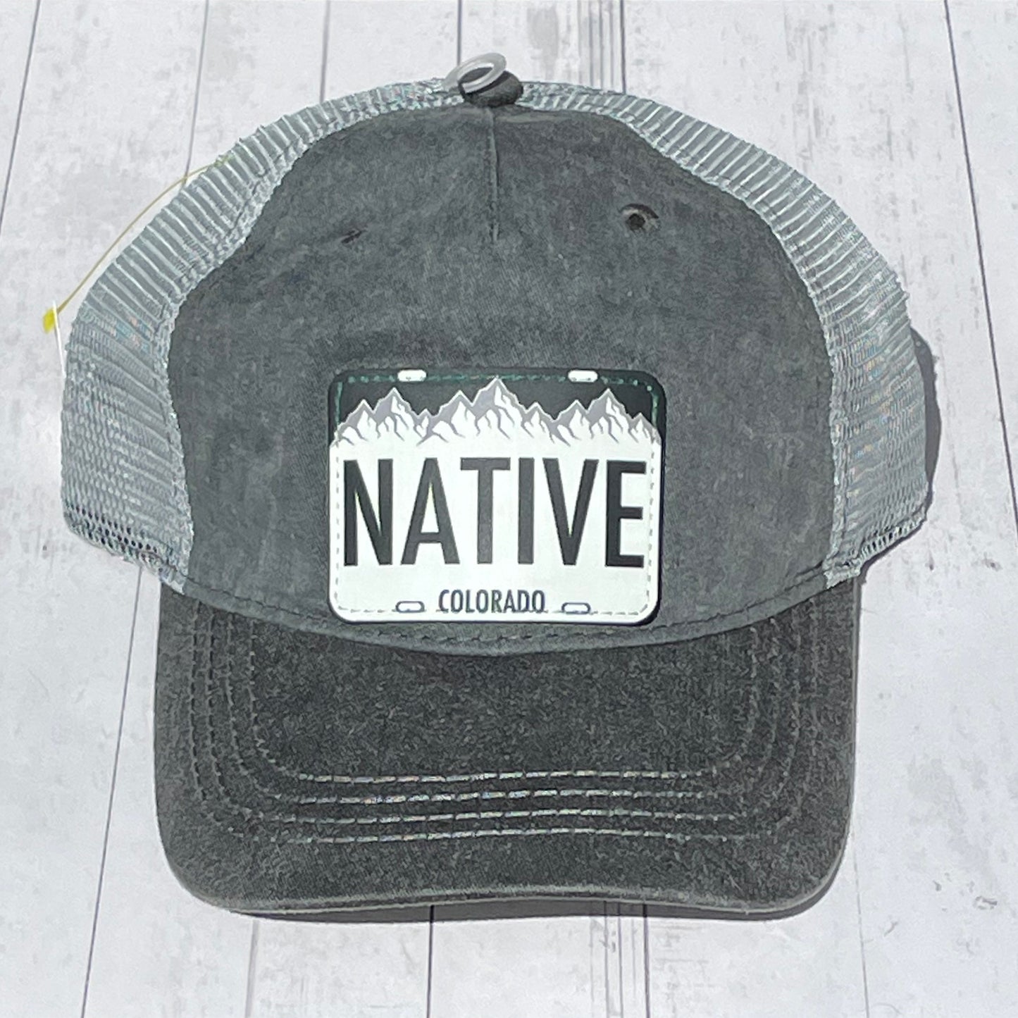 Gray Mesh Trucker Cap Colorado Native Vegan Leather Patch