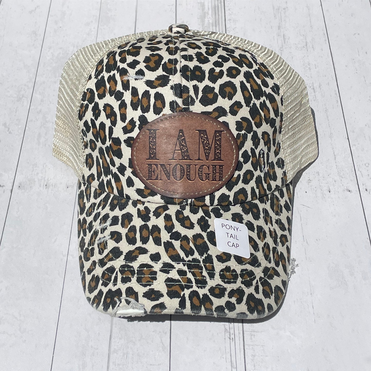 Leopard Print Ponytail Distressed Mesh Trucker Cap I Am Enough Vegan Leather Patch