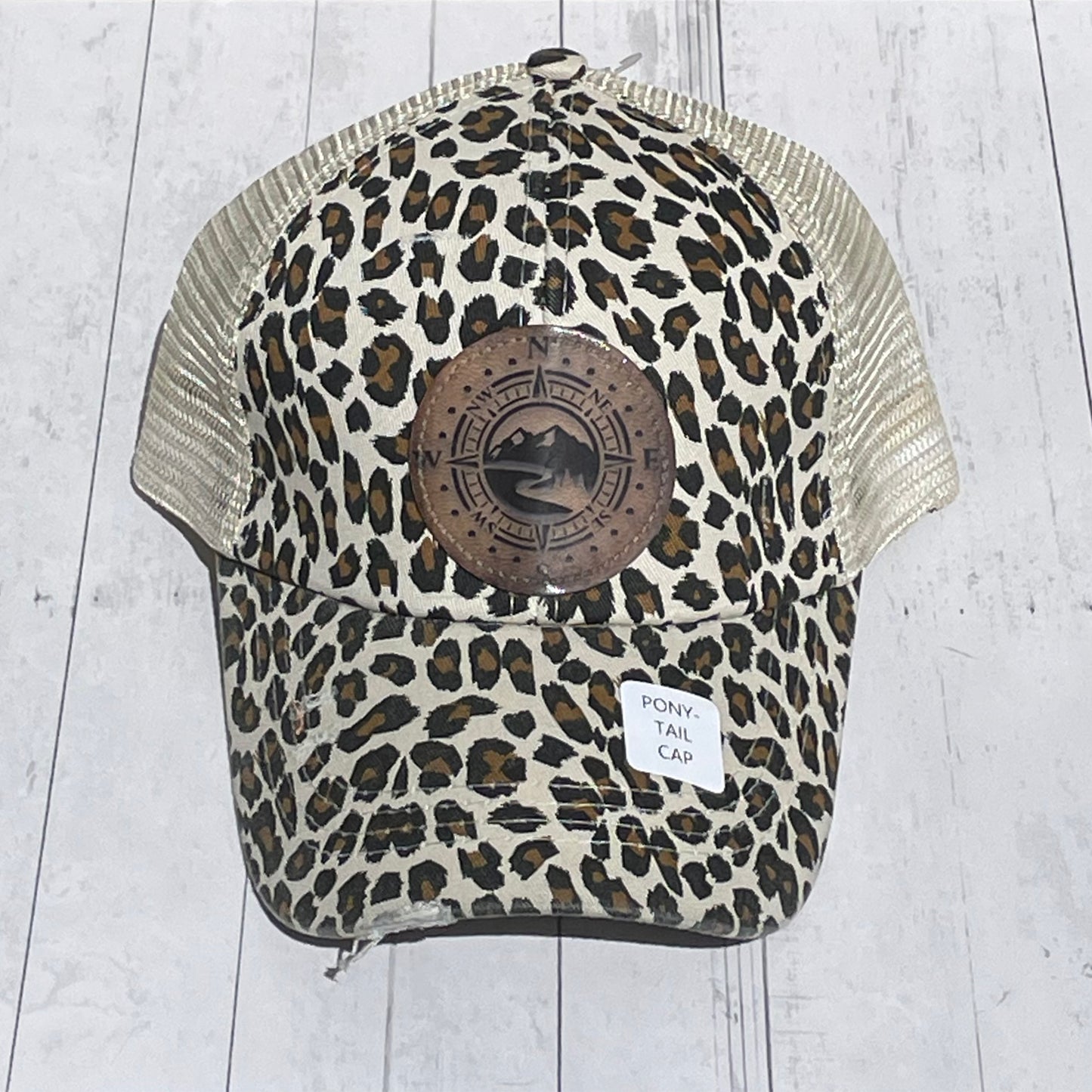 Leopard Print Ponytail Distressed Mesh Trucker Cap Compass Print Vegan Leather Patch