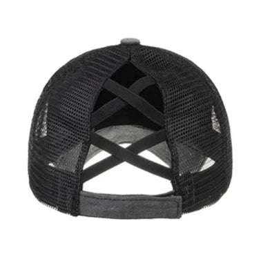 Gray and Black Ponytail Distressed Mesh Trucker Cap Lost Do Not Find Vegan Leather Patch